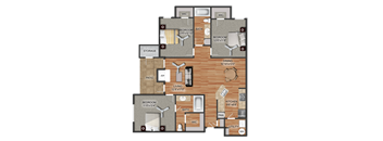 A floor plan of an apartment with two bedrooms, a living room, a dining room, a kitchen, a bathroom, a storage area, and a patio.