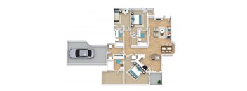 A floor plan of a house with a car parked outside.