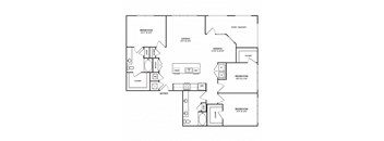 A black and white image of a house floor plan with a living room, dining room, kitchen, and three bedrooms.