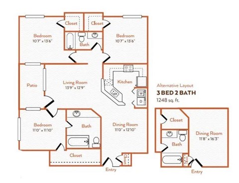 A diagram of a 3 bedroom 2 bath house plan.