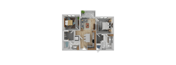 A detailed 3D floor plan of a modern apartment layout.