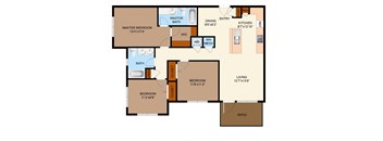 A floor plan of a house with a master bedroom, two bathrooms, a dining area, a kitchen, a living room, and two bedrooms.