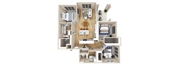 A 3D floor plan of a small apartment with a kitchen, living room, and bedrooms.