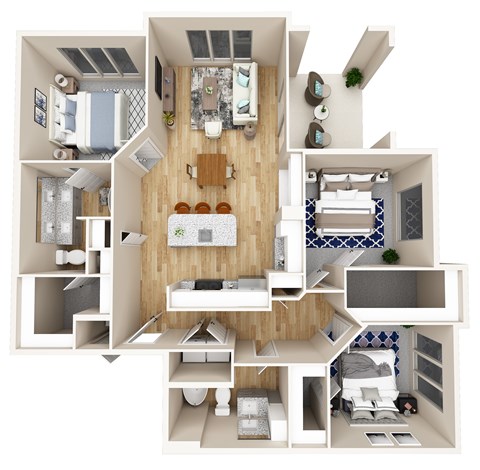 A 3D floor plan of a small apartment with a kitchen, living room, and bedrooms.