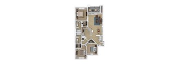 A floor plan of a house with a kitchen, living room, and bedrooms.