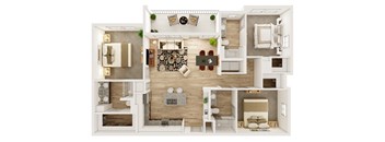 A 3D floor plan of a house with a living room, kitchen, and two bedrooms.