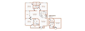 A diagram of a 3 bedroom 2 bath house plan with a living room, kitchen, dining room, and patios.