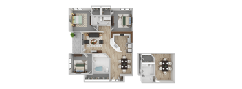 A floor plan of a house with a kitchen, living room, and bedrooms.