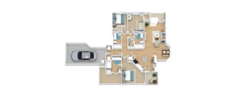 A top-down view of a house layout with a car parked outside.