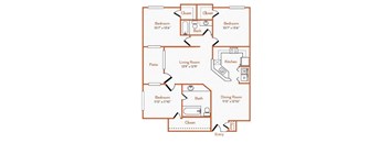 A floor plan of a house with a living room, two bedrooms, a patio, a kitchen, and a dining room.