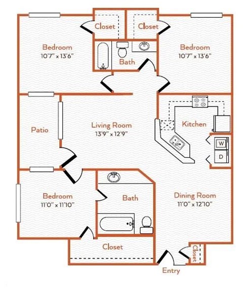 A floor plan of a house with a living room, two bedrooms, a patio, a kitchen, and a dining room.