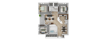 A top-down view of a house layout with a kitchen, living room, dining area, and bathrooms.