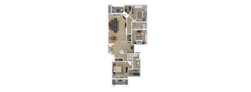 A floor plan of a house with a kitchen, living room, dining room, and bedrooms.