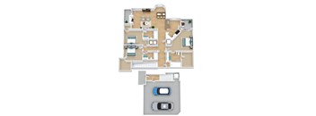 A floor plan of a house with a garage and a car.