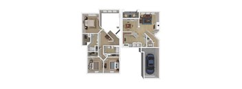 A floor plan of a house with a car parked outside.