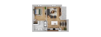 A top-down view of a modern apartment layout with a kitchen, living room, and bedroom.