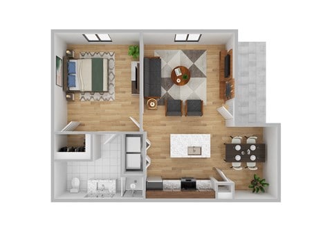 A top-down view of a modern apartment layout with a kitchen, living room, and bedroom.