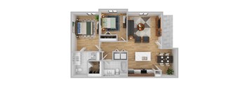 A top-down view of a modern apartment layout with a kitchen, living room, and bedrooms.