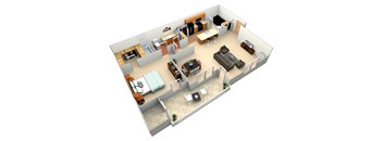 3d floor plan of a house with a bedroom and a living room