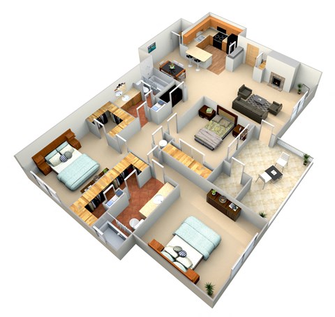 a 3d floor plan of a house with a bedroom and a living room
