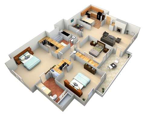 3d floor plan of a 3 bedroom apartment