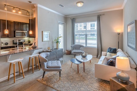 A well-lit living room with a kitchen area in the background.