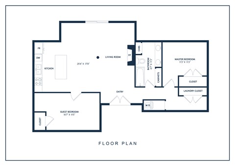 A floor plan of a house with a living room, kitchen, dining room, master bedroom, and laundry closet.
