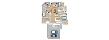 A floor plan of a house with a garage and a car.
