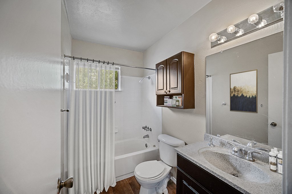 a bathroom with a shower toilet and sink