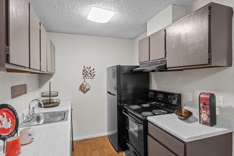 a kitchen with a stove refrigerator and sink