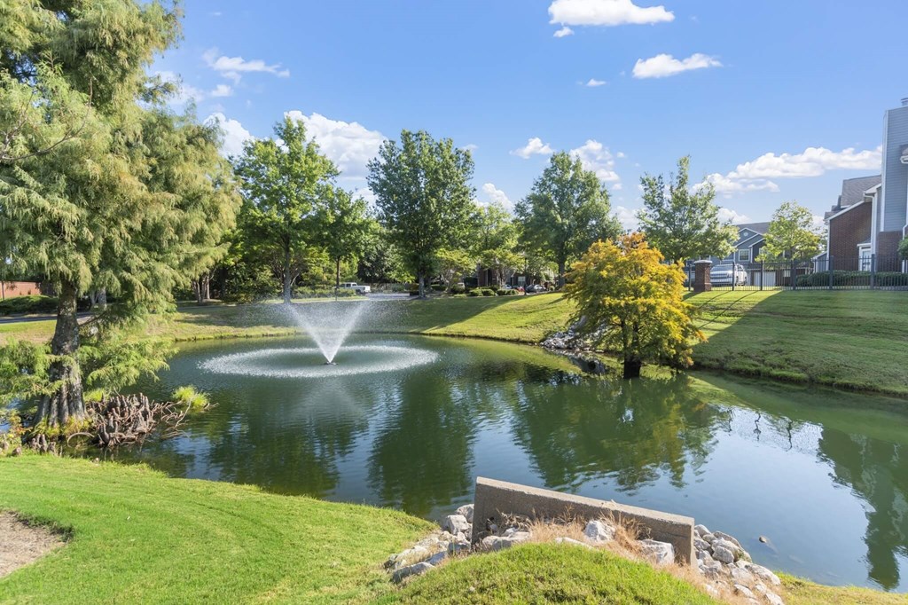 a fountain in the middle of a pond