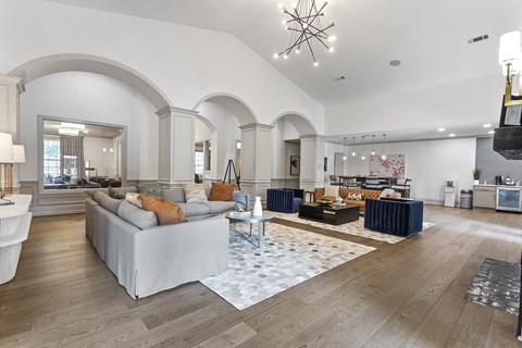 a living room with couches and a rug