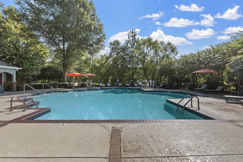 a swimming pool with trees and umbrellas next to a resort style pool
