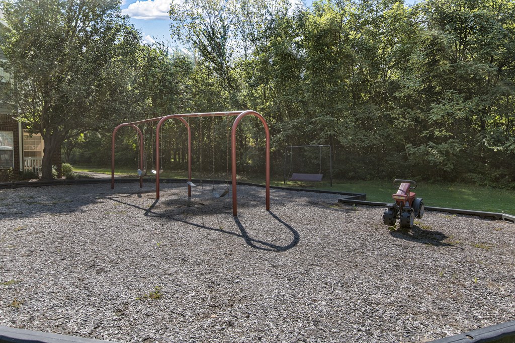 a playground with a swing set and a fire hydrant