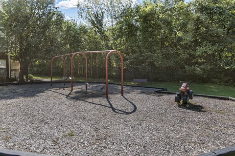 a playground with a swing set and a fire hydrant