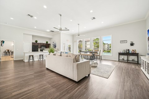a living room with a couch and a table