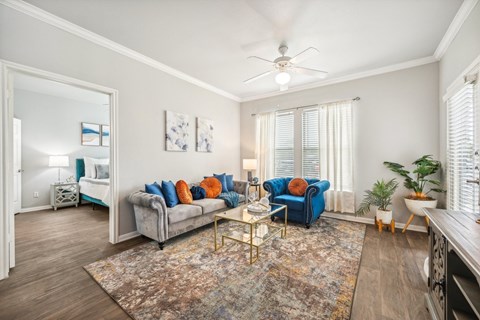 a living room with two couches and a coffee table