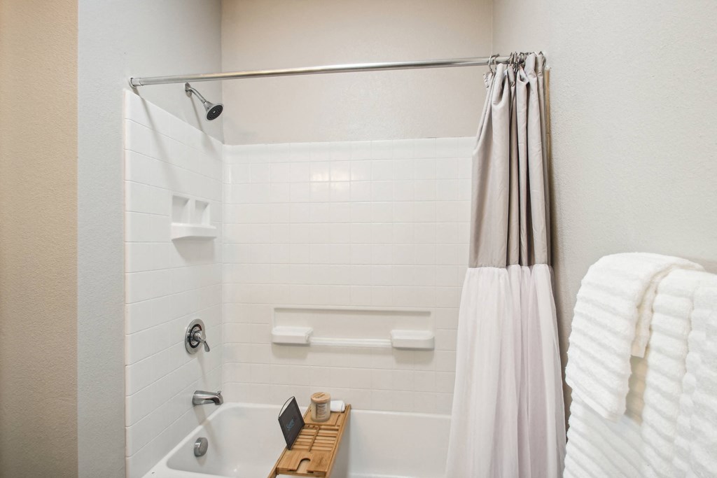 a bathroom with a shower and a bath tub