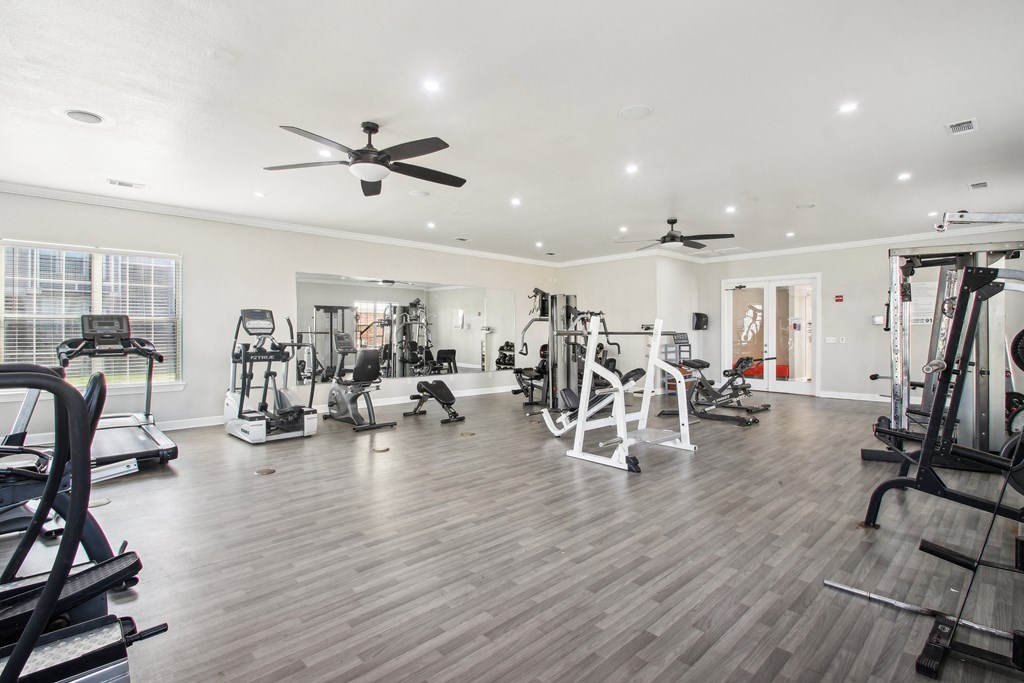a gym with weights and cardio machines and a ceiling fan
