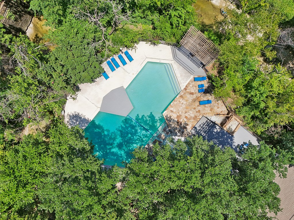 arial view of the pool at the resort with trees