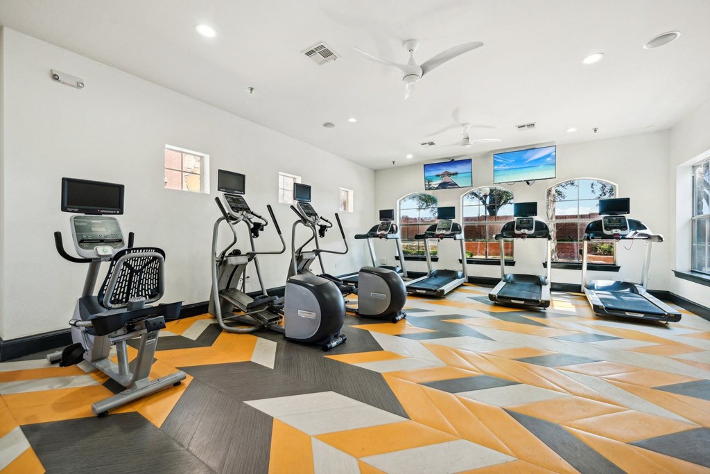 the gym has cardio equipment and treadmills on the floor