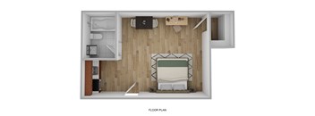 a stylized floor plan of a room with a bedroom and a bathroom