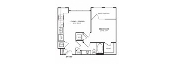 A black and white image of a floor plan for a home with a living/dining area, bedroom, and closet.