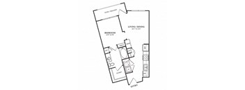 A floor plan of a home with a living room, dining room, and bedroom.
