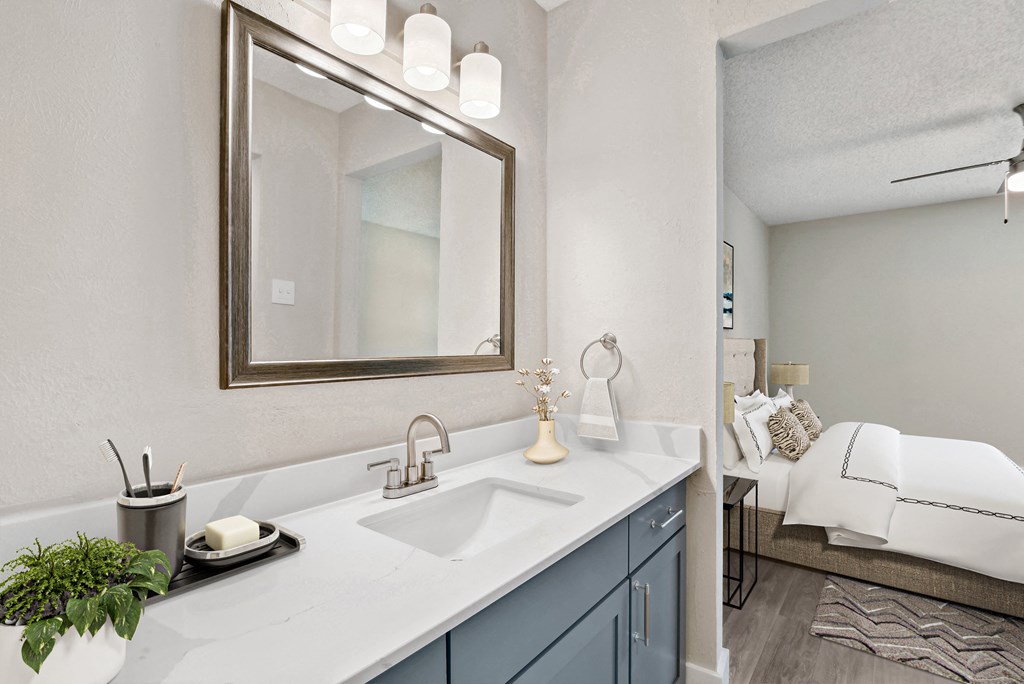 a bathroom with a sink and mirror