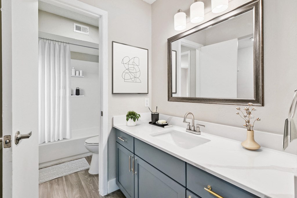 a bathroom with gray cabinets and white countertops