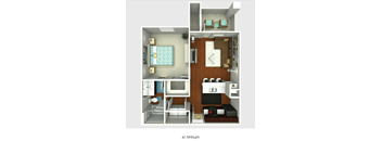 A 1595 sqft apartment with a bedroom, living room, and kitchen.