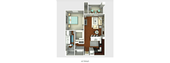 A 3D floor plan of a small apartment layout.
