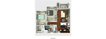 A floor plan of a small apartment with a kitchen, living room, and bathroom.