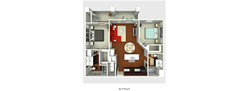 A 3D floor plan of a small apartment layout.